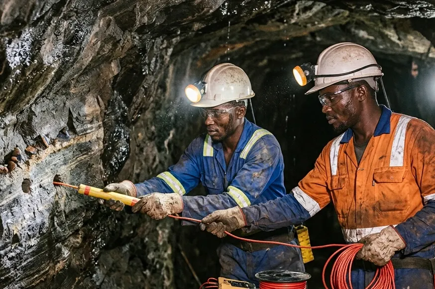 Mining operations in Tanzania showing heavy machinery and workers in safety gear